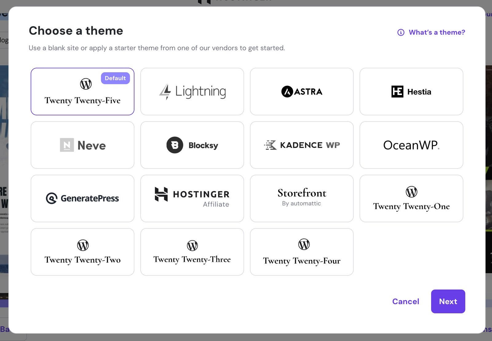 Screenshot of one of the Hostinger dialog windows in the process of creating a website: "Choose a Theme".