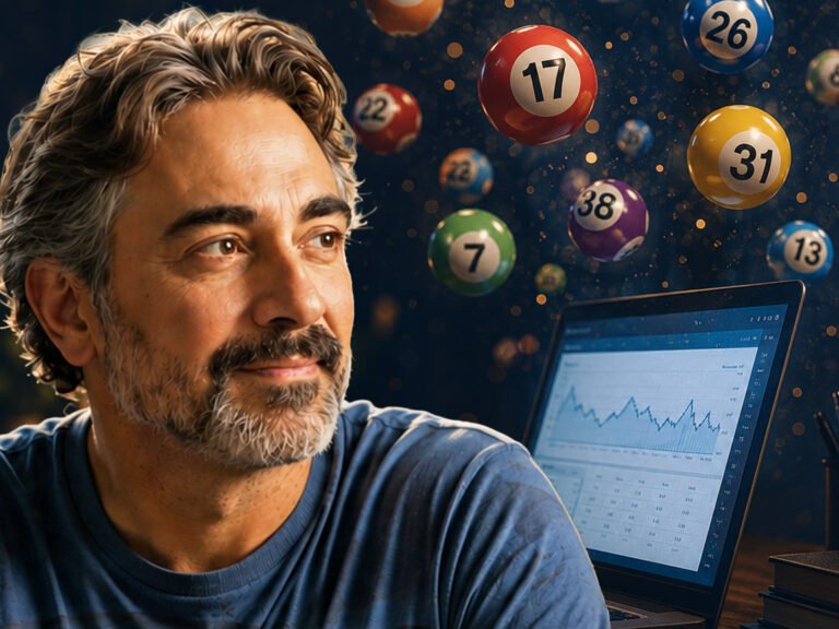Photographic montage showing lotto balls on one side, and a content creator working late on his laptop on the other.