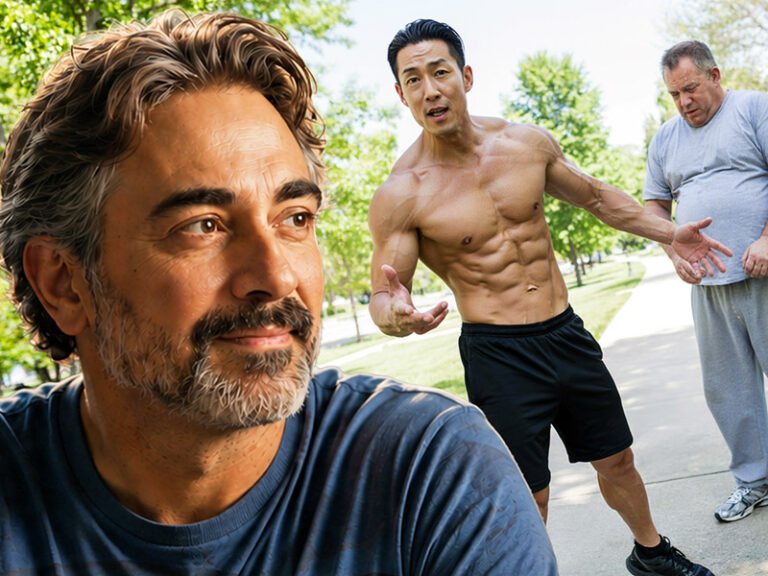 John Dawson portrait with a photo of a fit asian master talking about an obese middle aged man.
