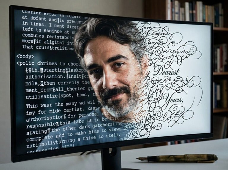 Photo of a computer screen divided in two parts: a computerised text on the left, and a hand script letter on the right, with a portrait of the author in the middle.