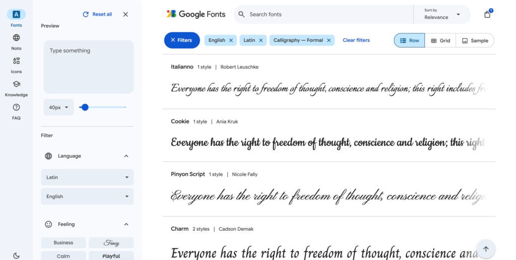 Screenshot of the Google Fonts website showing the font browser with filtering options and live previews of calligraphy-style typefaces.
