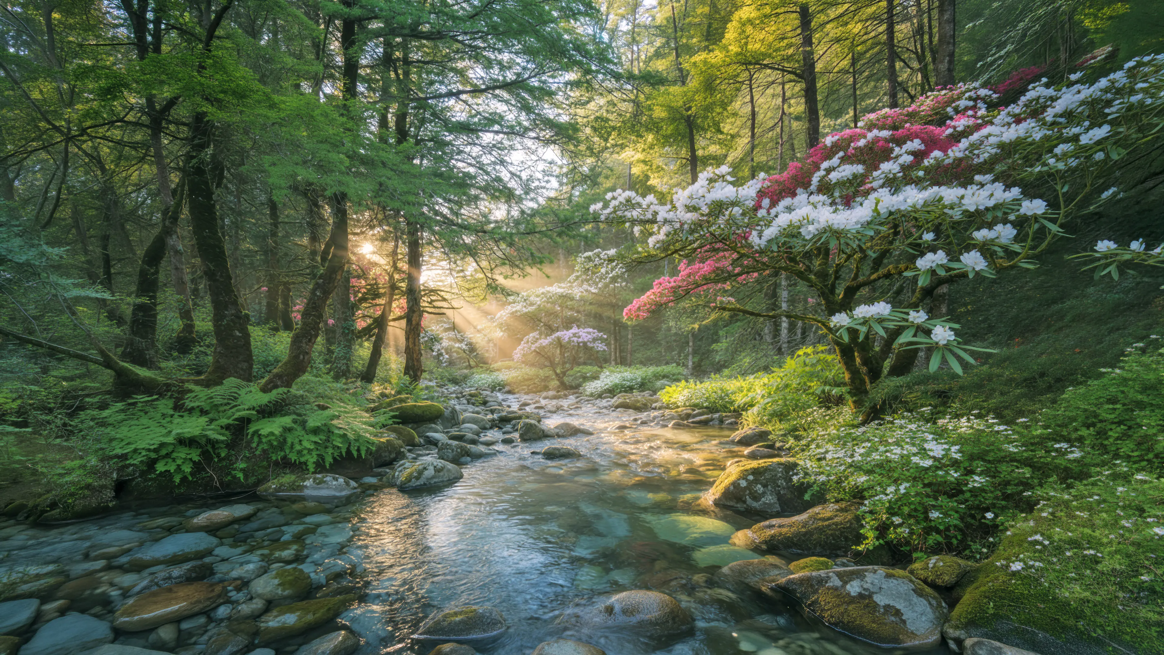 Photo of a Himalayan forest scene with a stream and rhododendron plants in flowers.