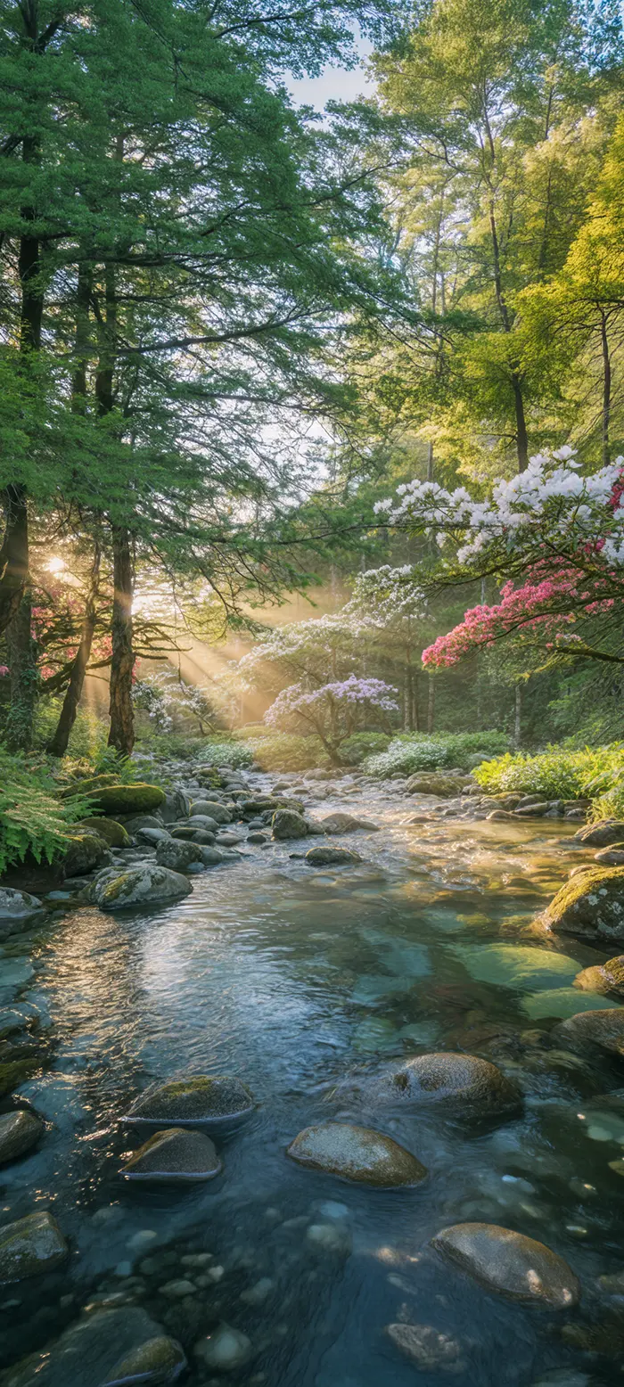 Photo of a Himalayan forest scene with a stream and rhododendron plants in flowers.