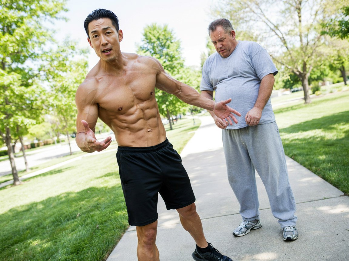 Photo of a fit asian master talking about an obese middle aged man.
